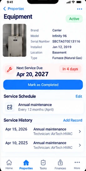 Equipment details for a furnace with next service date and service history