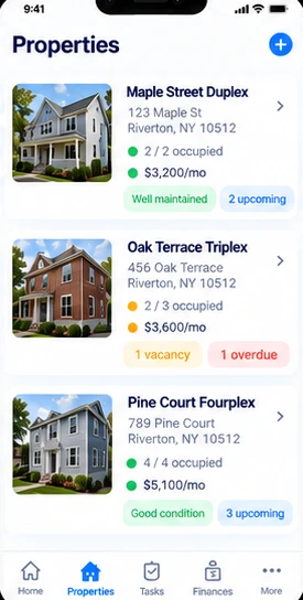Properties list with occupancy and rent for each property